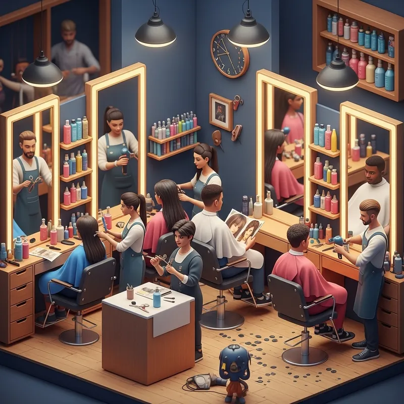 3D Hair Salon: Stylish Stylists & Diverse Clients in Action 3D Hair Salon: Stylish Stylists & Diverse Clients in Action