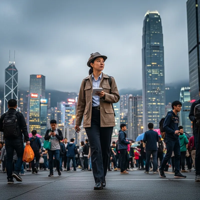 Female Asian Detective Strides Through City | Urban Investigation