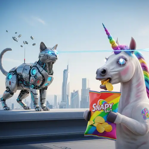 Futuristic Cyborg Cat Shooting Lasers on Unicorn Eating Potato Chips