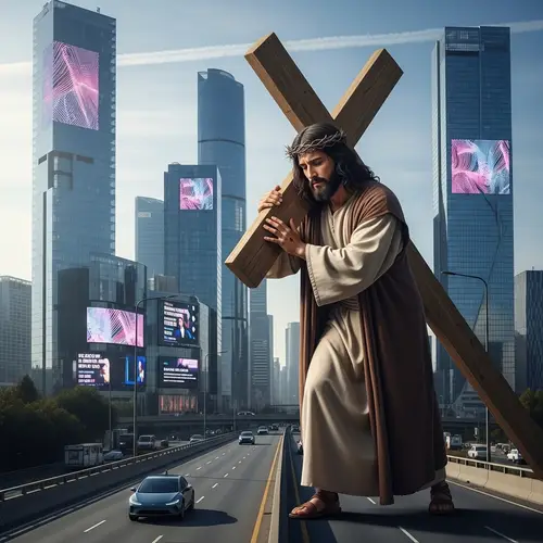 2024 Vision of Jesus Carrying the Cross in Modern Cityscape