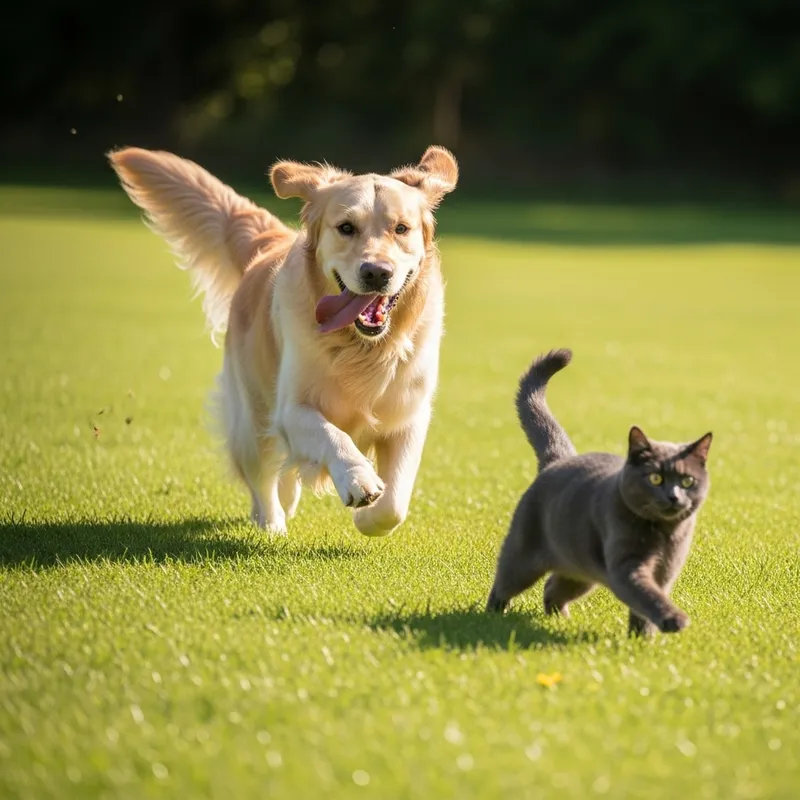 Playful Dog Chasing Cat in Meadow Playful Dog Chasing Cat in Meadow