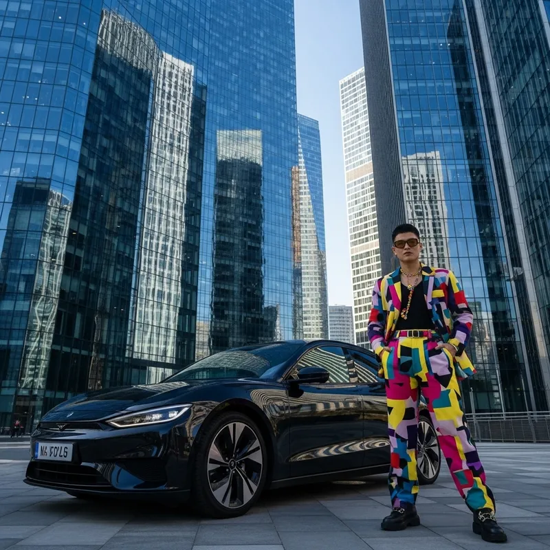 Stylist, Bold and Modern: Fashion-Forward Individual with Electric Vehicle