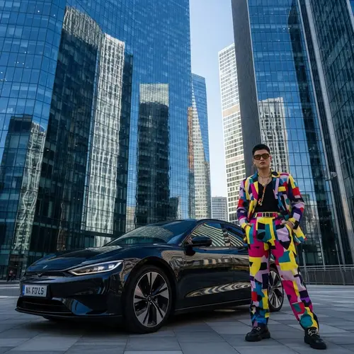 Bold Urban Style: Fashion-Forward Individual with Modern Electric Vehicle