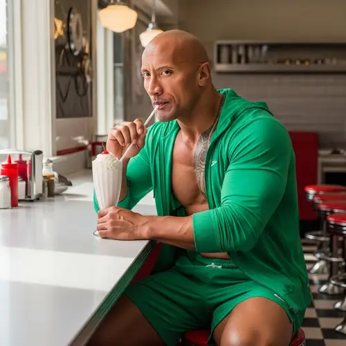 Muscular Actor Enjoying a Milkshake in Green Shorts and Jacket