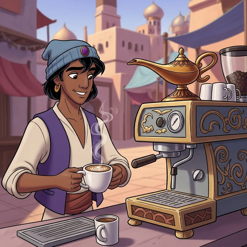 Dark-skinned Beanie-Wearing Aladdin Barista Cartoon