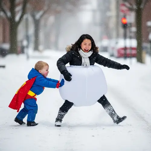 Super Hero Toddler Pushing Woman in Snow-filled Street | 4k Cinematic Scene