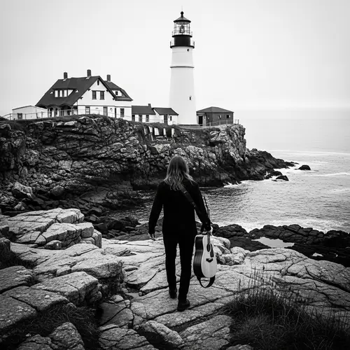 Monochromatic Lighthouse Scene: Man with Guitar Approaching