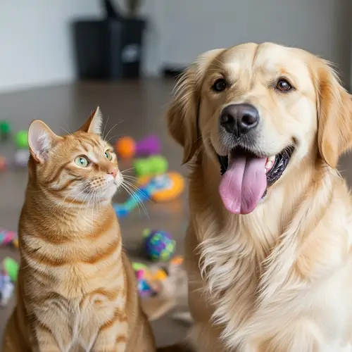 Playful Orange Tabby Cat and Friendly Golden Retriever Indoor Fun