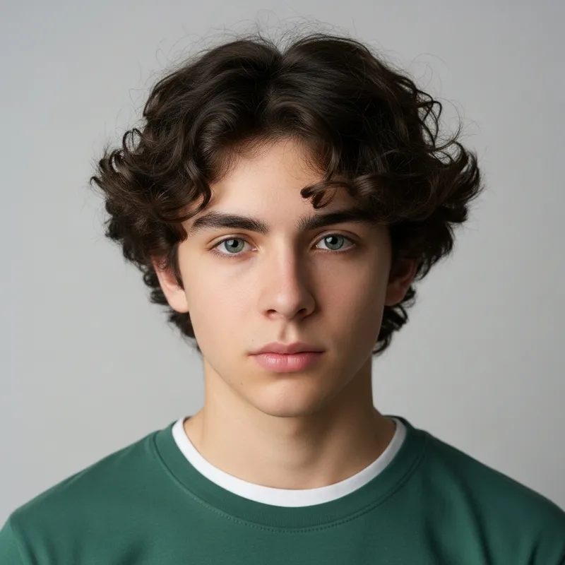 Vibrant 19-Year-Old Male with Curly Brown Hair & Steel Blue Eyes