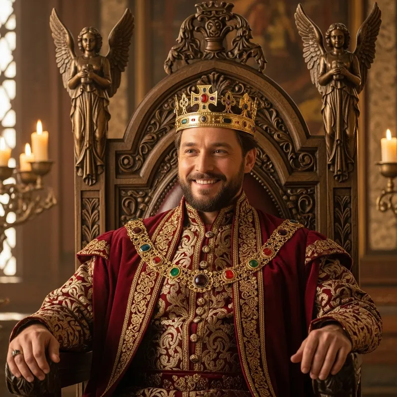 Regal King in Red & Gold Robe on Throne | Renaissance Oil Painting