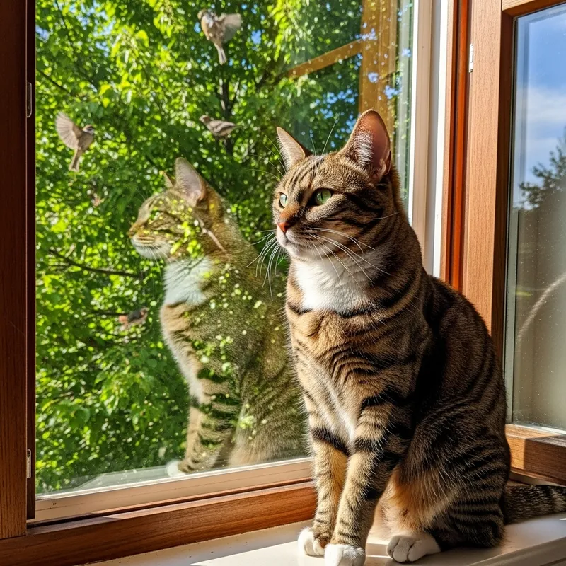 Adorable Domestic Short-Haired Cat on Sunny Windowsill