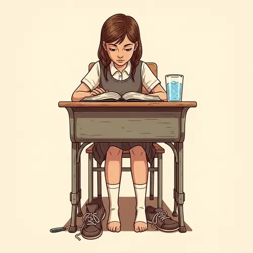 Nostalgic Scene: Girl at School Desk Focused on Book