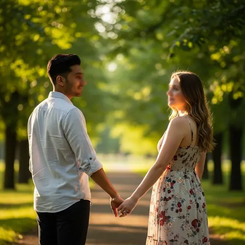 Romantic Scene of Diverse Couple Holding Hands Outdoors