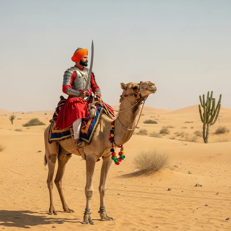 Indian Rajput Warrior with Damascus Sword on Camel in Desert Indian Rajput Warrior with Damascus Sword on Camel in Desert