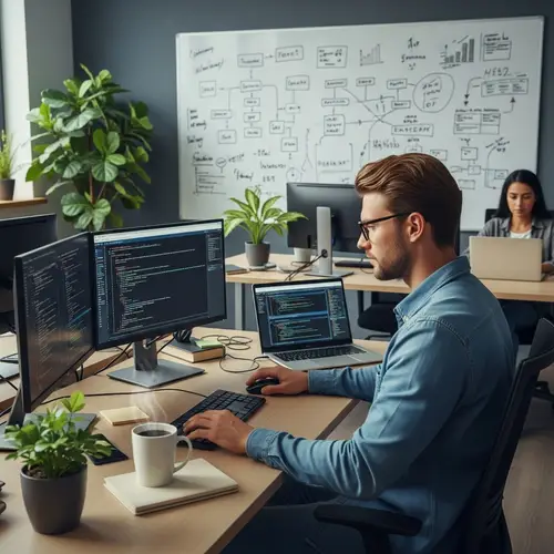 Dedicated Caucasian Male Software Developer in Modern Workspace