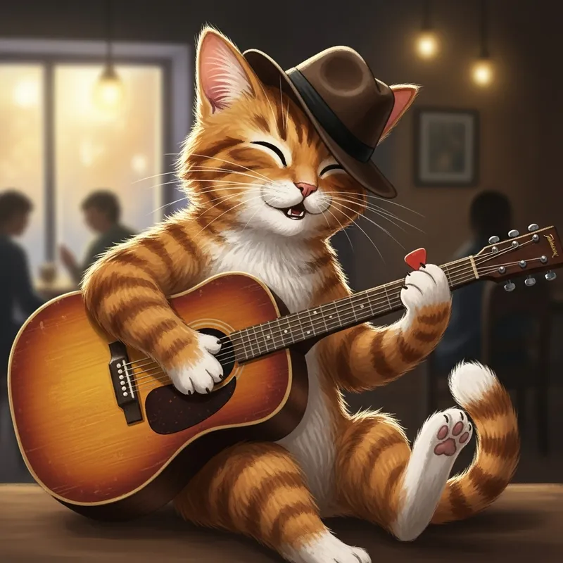 Cat in Hat Playing Guitar - Musical Feline Fun