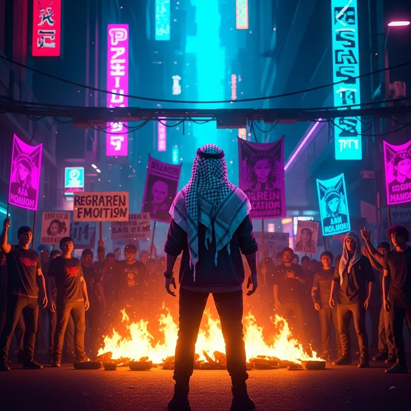 Neon Cyberpunk Street Protest with Fiery Keffiye Defiance