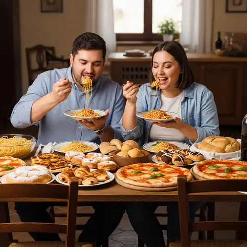 Italian Couple Enjoying Feast of Spaghetti, Pastries, Bread & Pizza