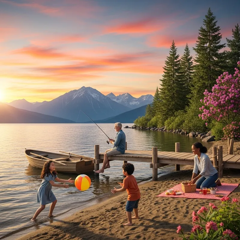Tranquil Sunset View over Lake with Mountain Range | Family Picnic Scene Tranquil Sunset View over Lake with Mountain Range | Family Picnic Scene