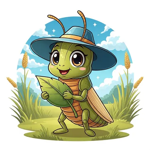 Adorable Locust Illustration with Friendly Smile on Green Leaf