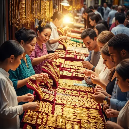 Colorful Traditional Marketplace: Intricate Gold Jewelry Display