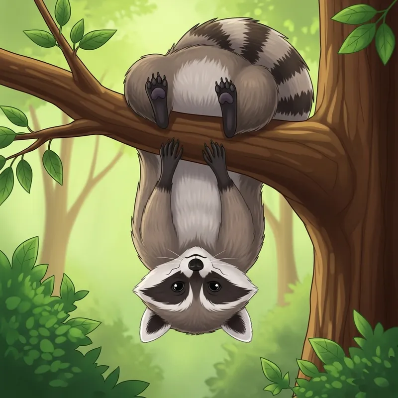 Sad Raccoon Hanging Upside Down in a Tree Cartoon