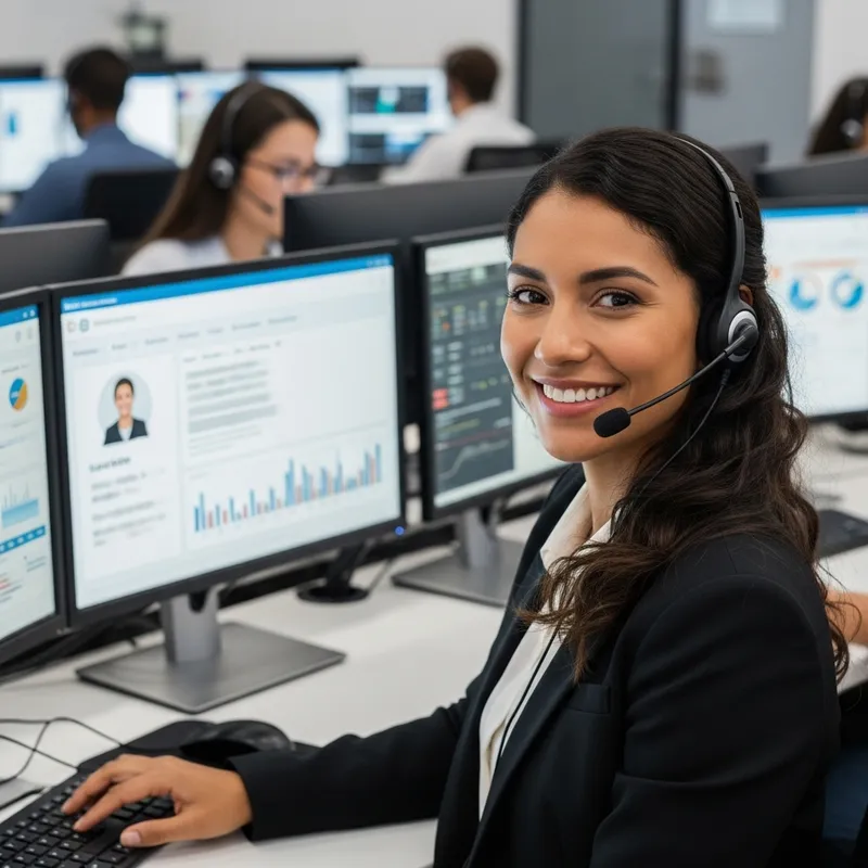 Hyperrealistic Latina Woman Smiling in Call Center Setting Hyperrealistic Latina Woman Smiling in Call Center Setting