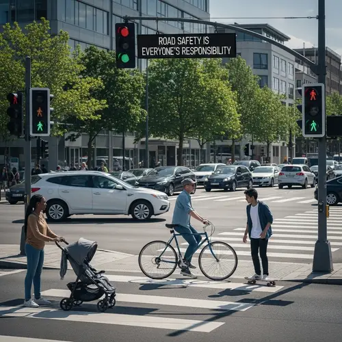 Road Safety at Busy Intersection: Pedestrians, Cyclists, Traffic Lights