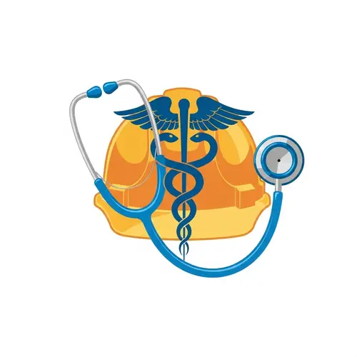 Healthcare Construction Logo Design | Blue Stethoscope & Asclepius Symbol