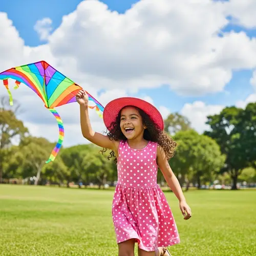 Young Hispanic Girl Playing in the Park with Rainbow Kite