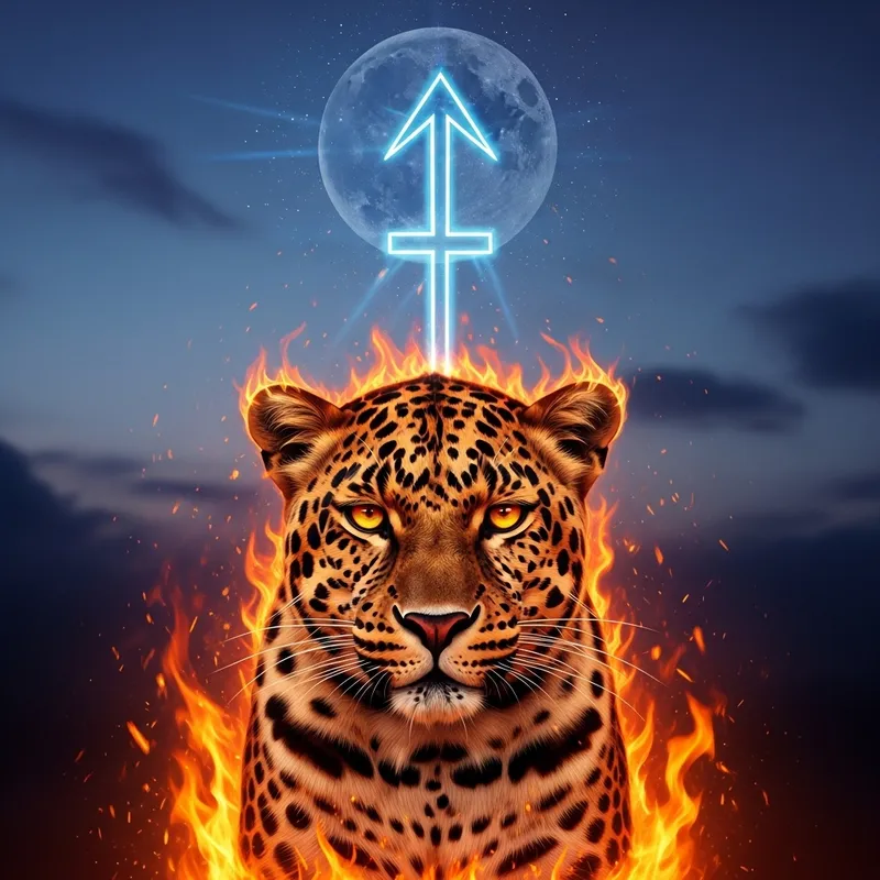 Fiery Leopard in Celestial Landscape with Sagittarius Symbol