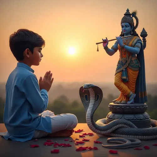 Devout Hindu Boy Praying to Krishna | Divine Snake Encounter at Sunrise