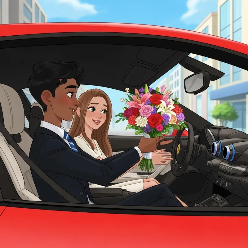 Young Teenager in Corporate Wear Presents Flowers in Luxury Sports Car