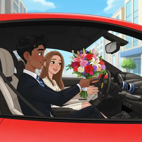 Youthful Teenager in Corporate Wear Presents Flowers in Ferrari