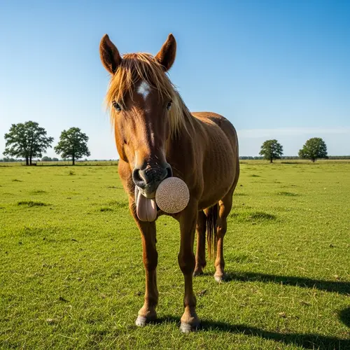 Hoarse Brown Horse Standing in Green Meadow on Sunny Day