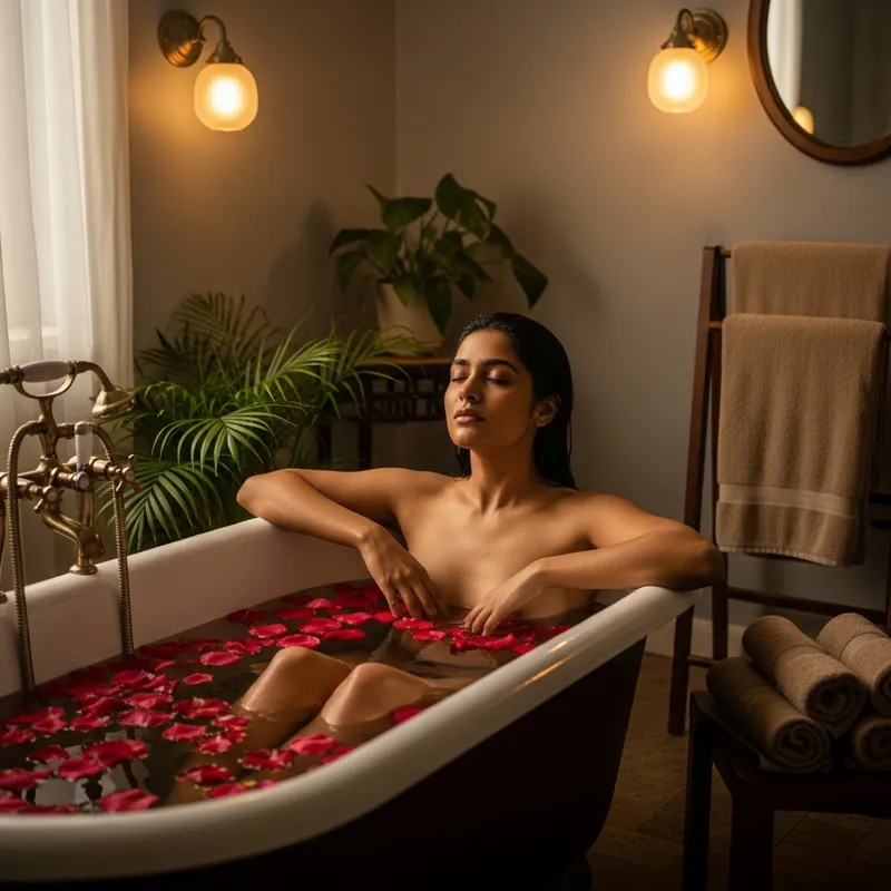 Woman Bathing in Antique Tub with Rose Petals Woman Bathing in Antique Tub with Rose Petals