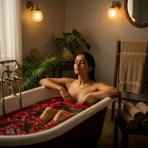 Tranquil South Asian Woman Bathing in Antique Tub with Rose Petals