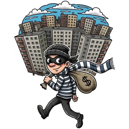 Cartoon Bank Robber Escaping with Money Sack | Munich Skyline Tattoo