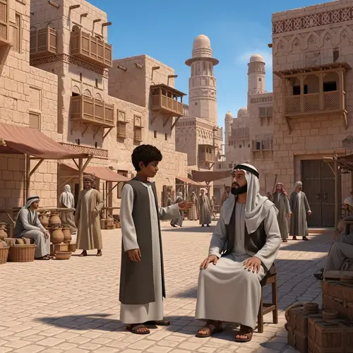 Young South Asian Boy in Ancient Arabian City Conversing with Sick Middle-Eastern Man