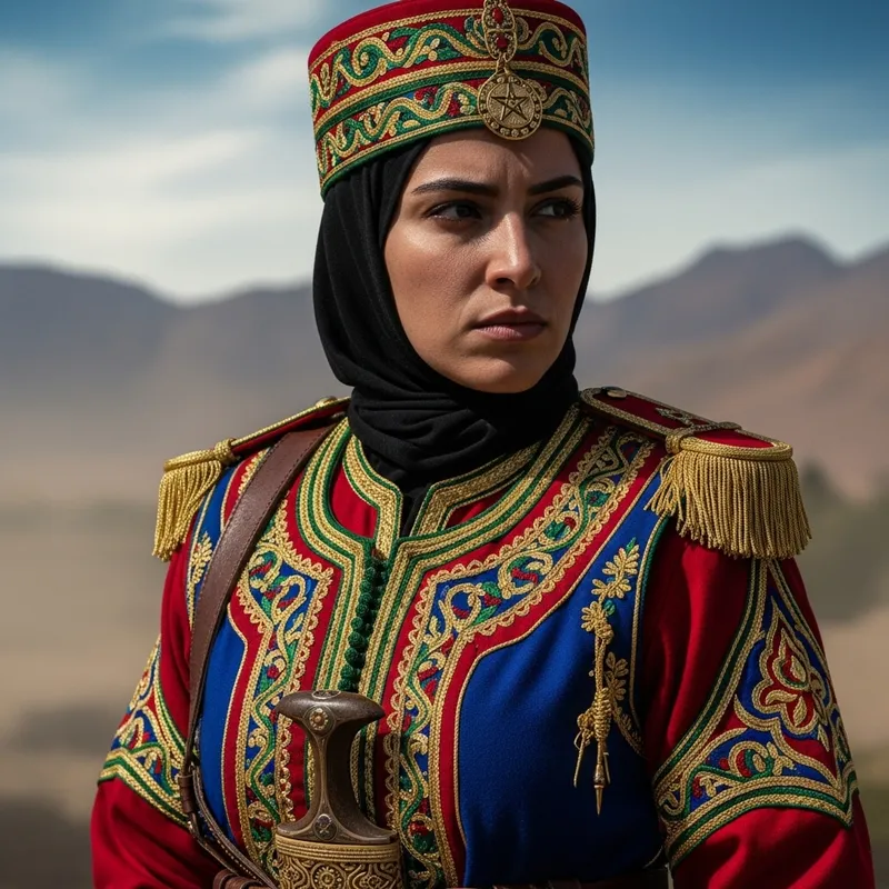 Determined Female Moroccan Soldier | Vibrant Traditional Attire