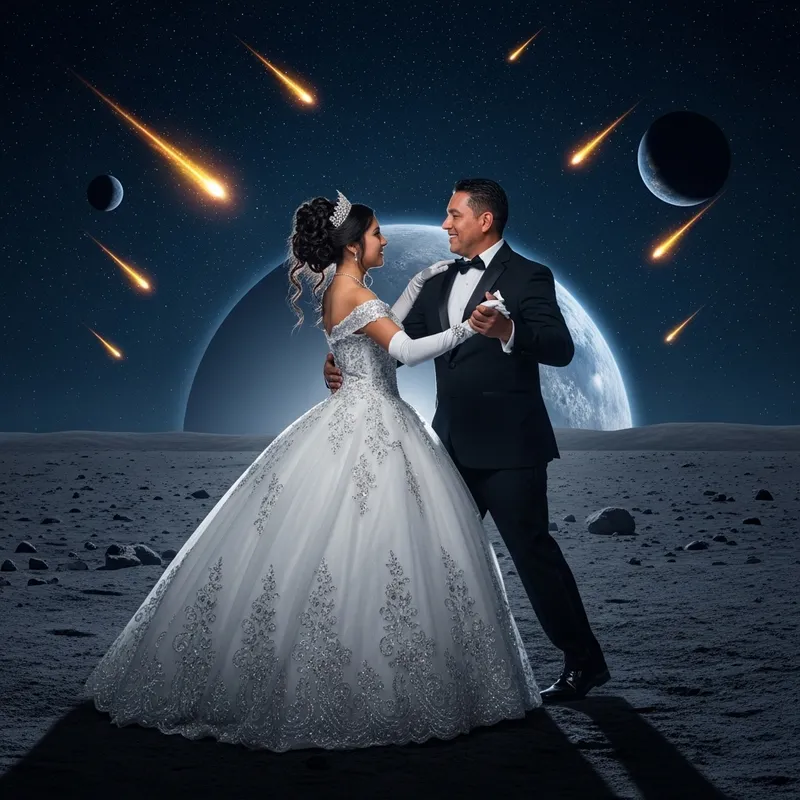 Quinceañera Dancing with Dad on Moon as Meteorites Explode