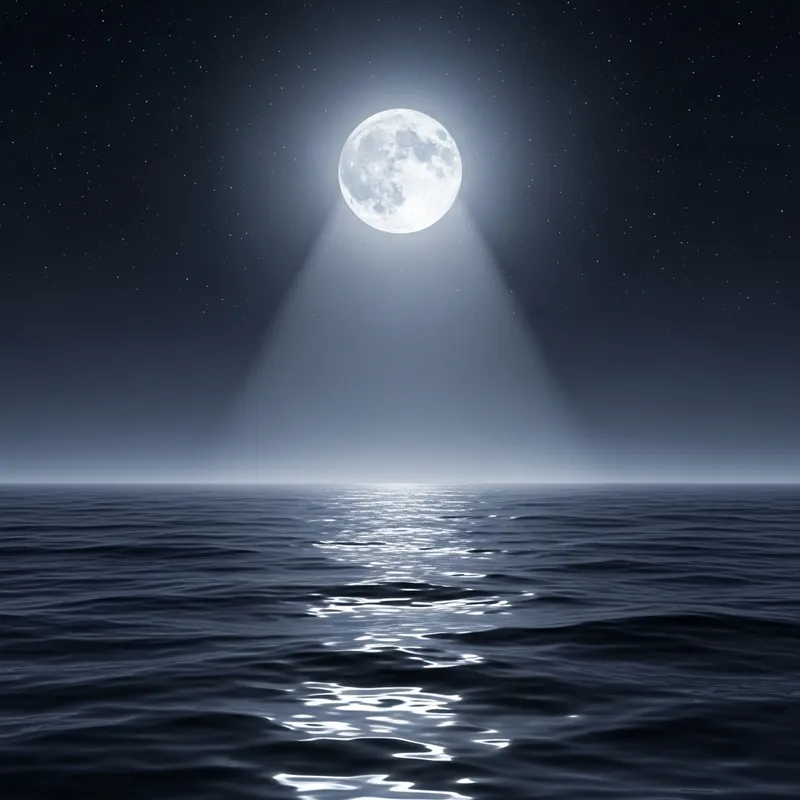 Moonlit Sea at Night: Tranquil Waters and Starry Sky Moonlit Sea at Night: Tranquil Waters and Starry Sky