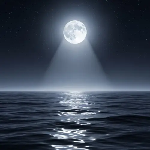 Tranquil Ocean Night Scene: Moonlit Waters and Starry Sky