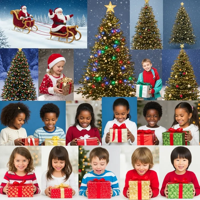 Festive Christmas Postcard with Santa, Trees, Children & Gifts