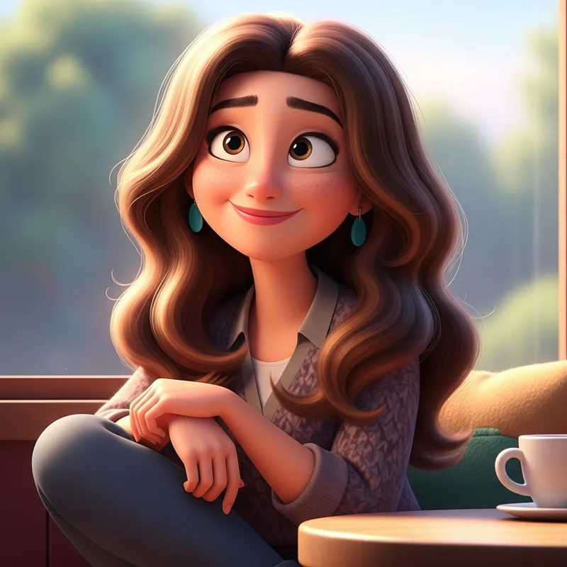 Pixar Style Woman Sitting - Long Hair Character Design