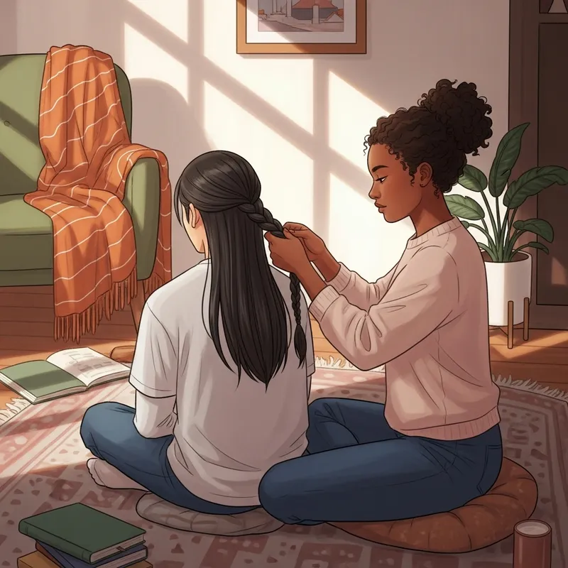 Young Woman Braiding Boyfriend's Hair - Intimate Moment