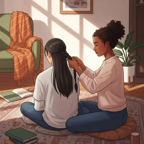Intimate Illustration of Young Woman Braiding Asian Boyfriend's Hair