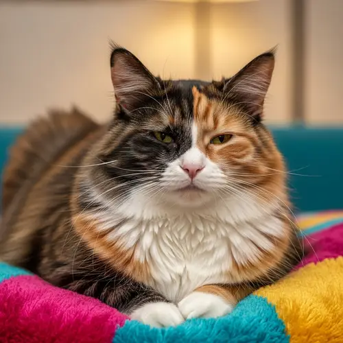 Calico Fat Cat Resting Comfortably on Cushion