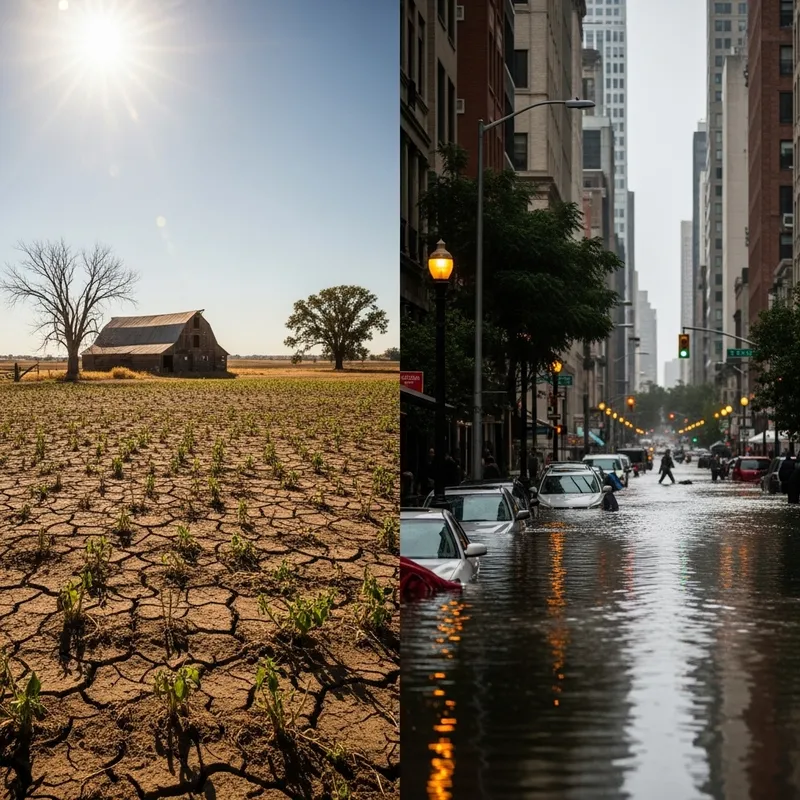 Rural Drought-Affected Farm and Urban Flooded City Street