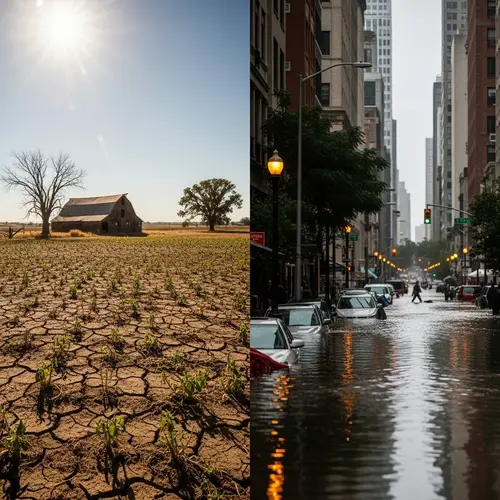 Drought-Affected Farm vs Flooded City Street - A Stark Contrast